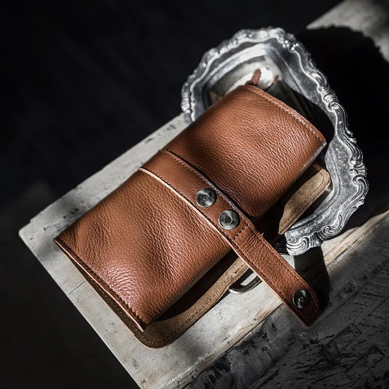 Handmade cow leather vintage wallet with tape extraction closure