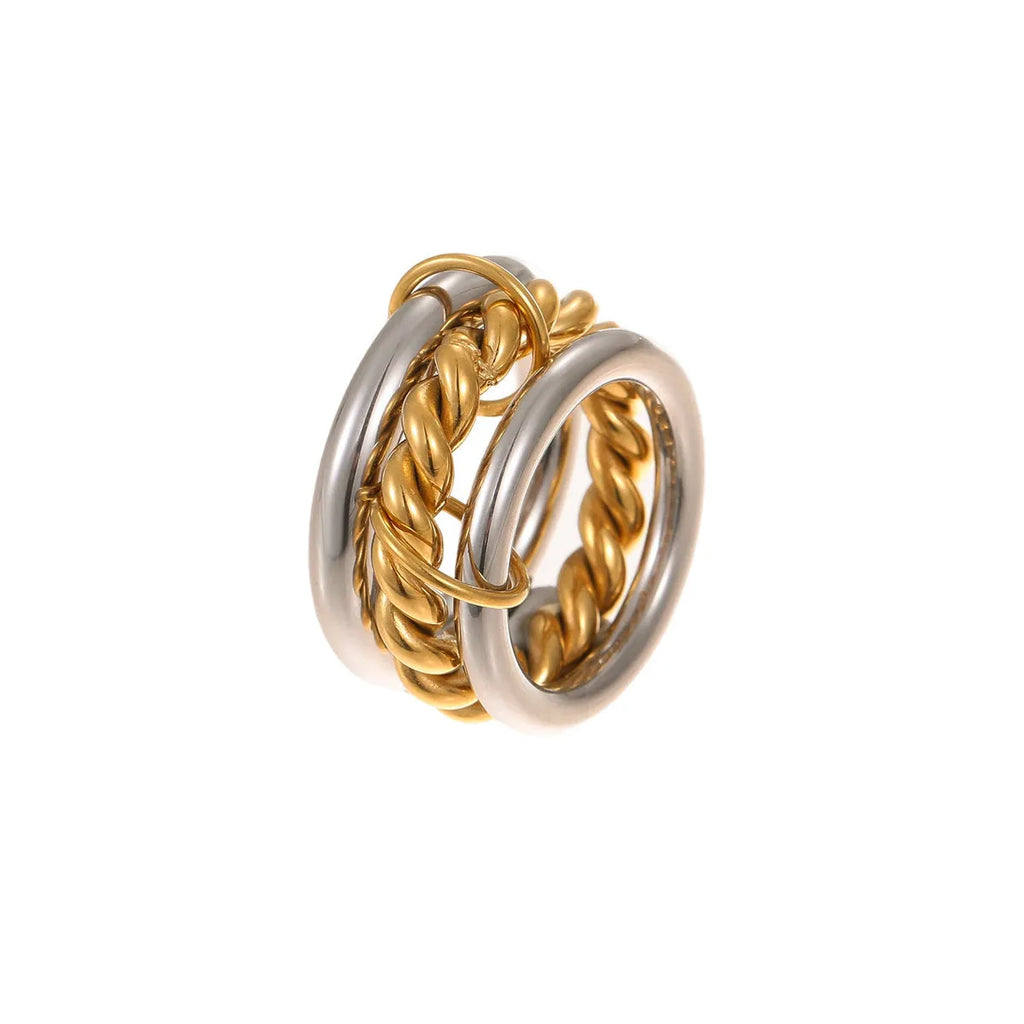 Stacked gold-plated stainless steel rings for women in three colour options, shown as a layered set on a hand.