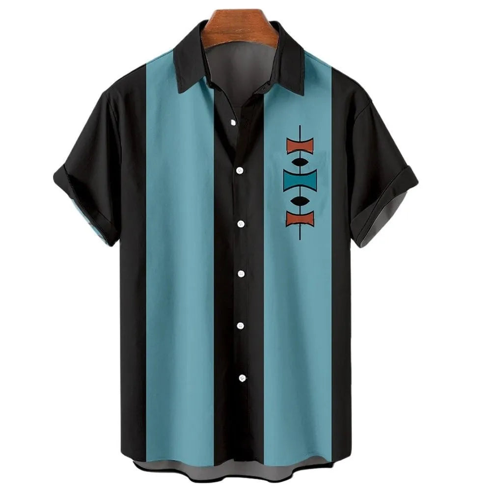 Men's striped Hawaiian casual shirt in polyester with button front and short sleeves