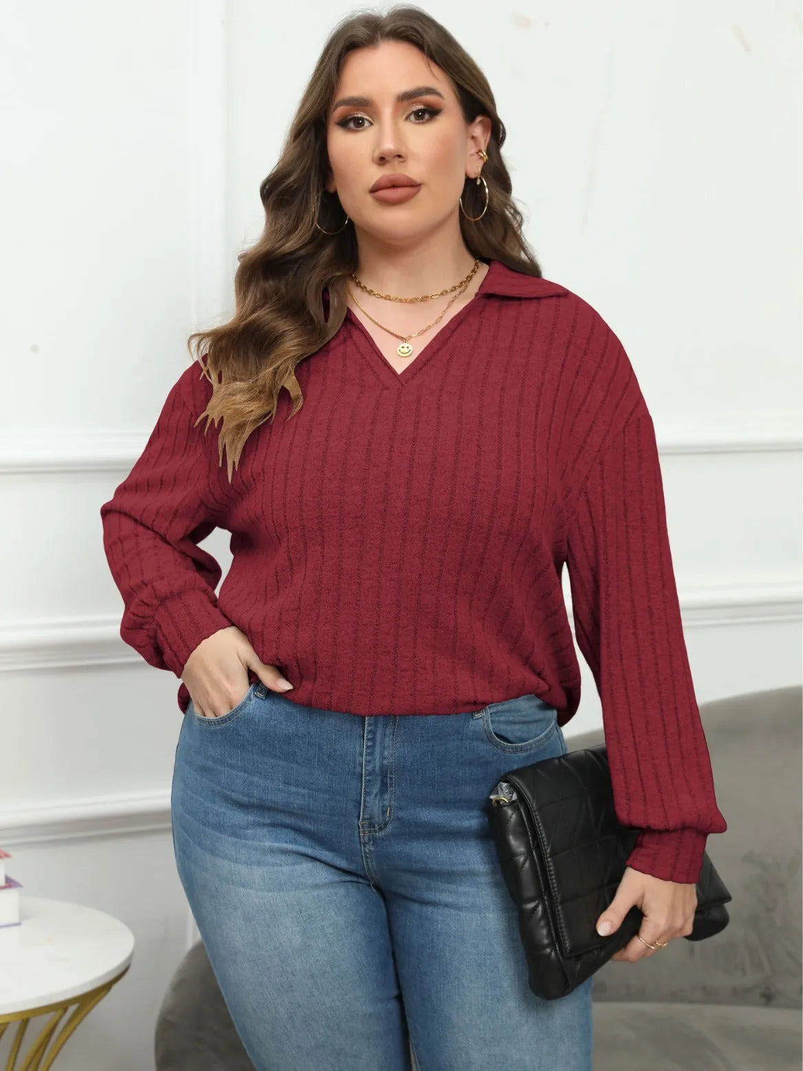 Women's plus size gray polo collar fleece shirt with lantern sleeves