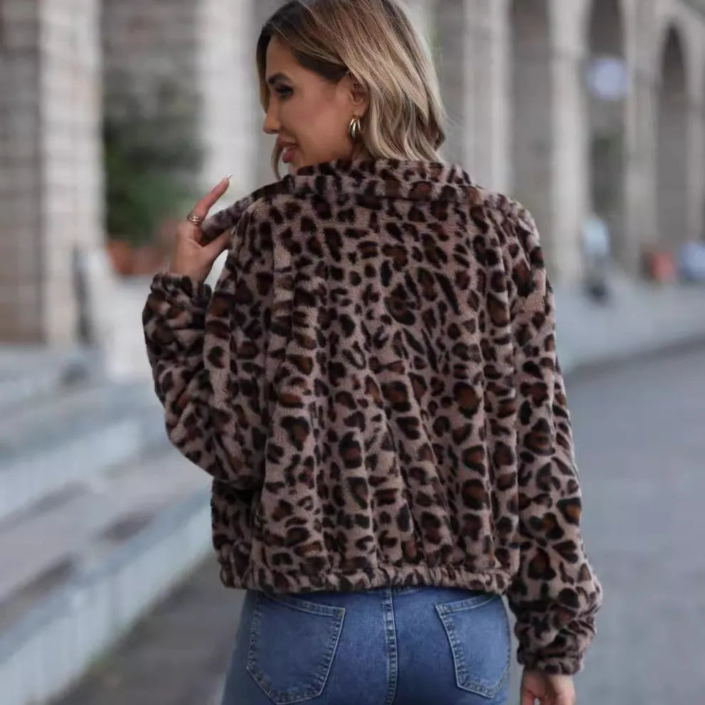 Women's leopard print loose fit plush coat with front zipper and raglan sleeves