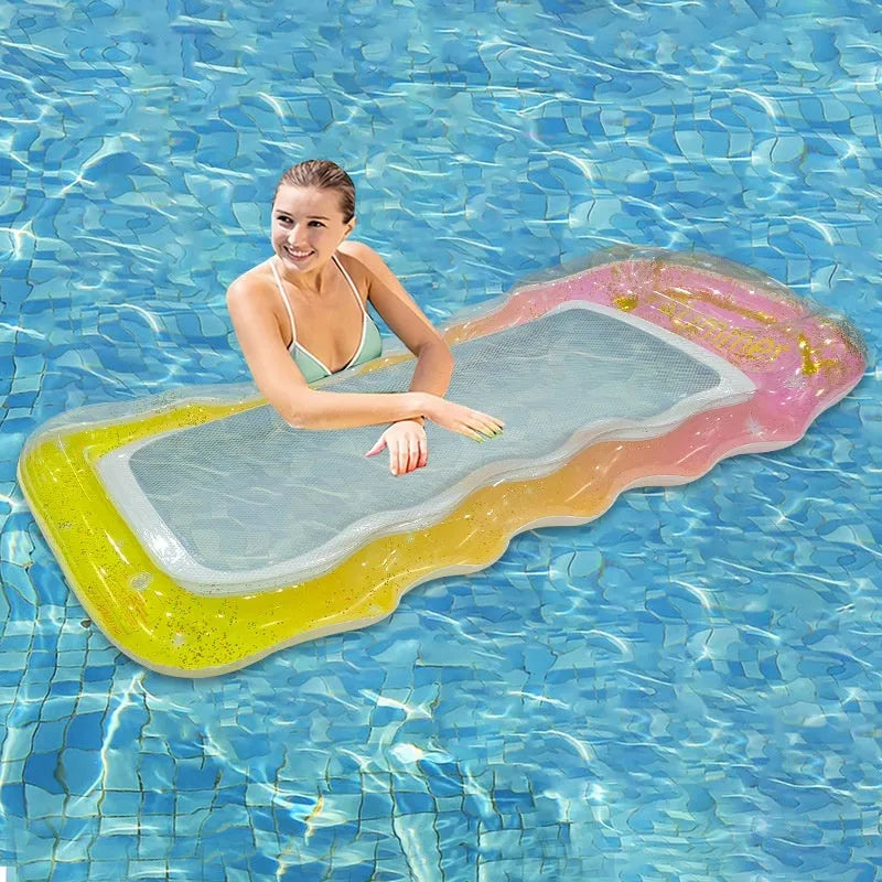 Thick PVC inflatable floating row with colourful sequins and mesh design on blue water