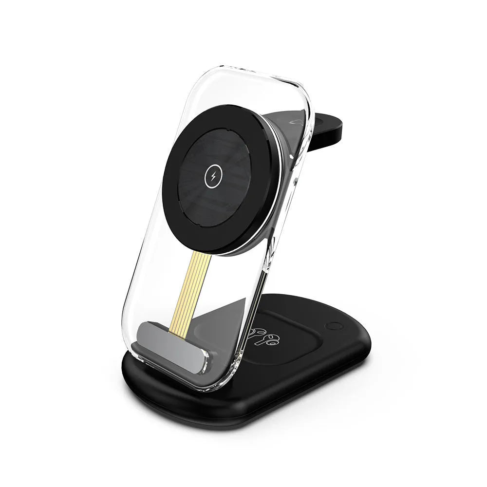 Transparent folding magnetic three-in-one wireless charger in black or white with QC3.0 fast charging