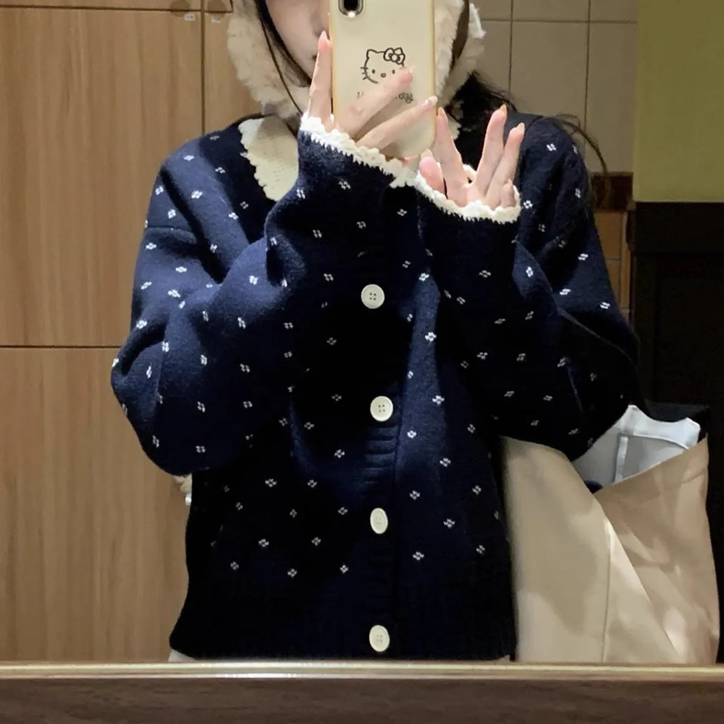 Retro Peter Pan collar knitted cardigan coat with flower pattern in Japanese Korean casual style