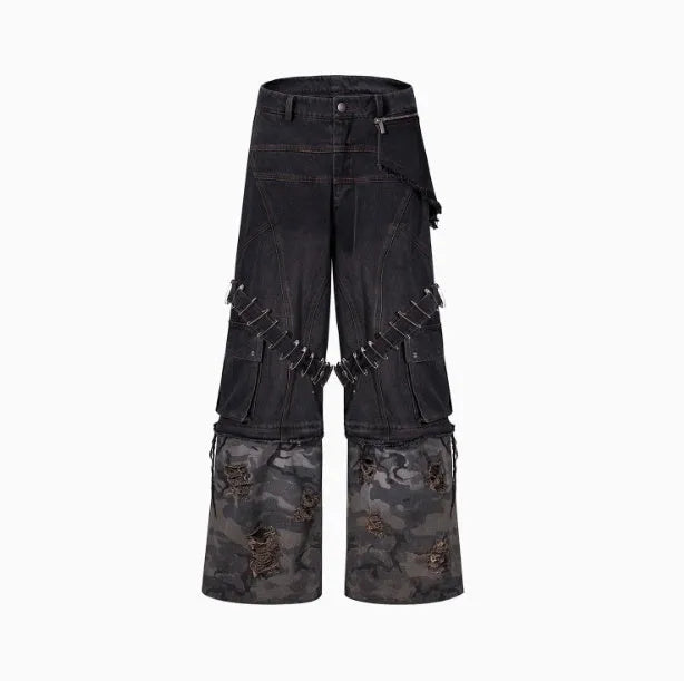 Men's grey camouflage jeans with pin and ribbon detailing on cotton denim fabric