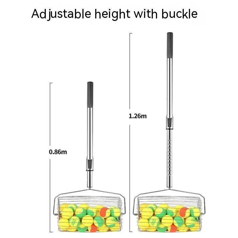 Stainless steel roller tennis ball picker with adjustable telescopic handle.