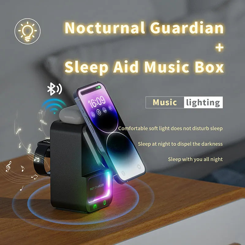 White and black 5-in-1 Bluetooth speaker wireless charger with QC3.0 fast charging