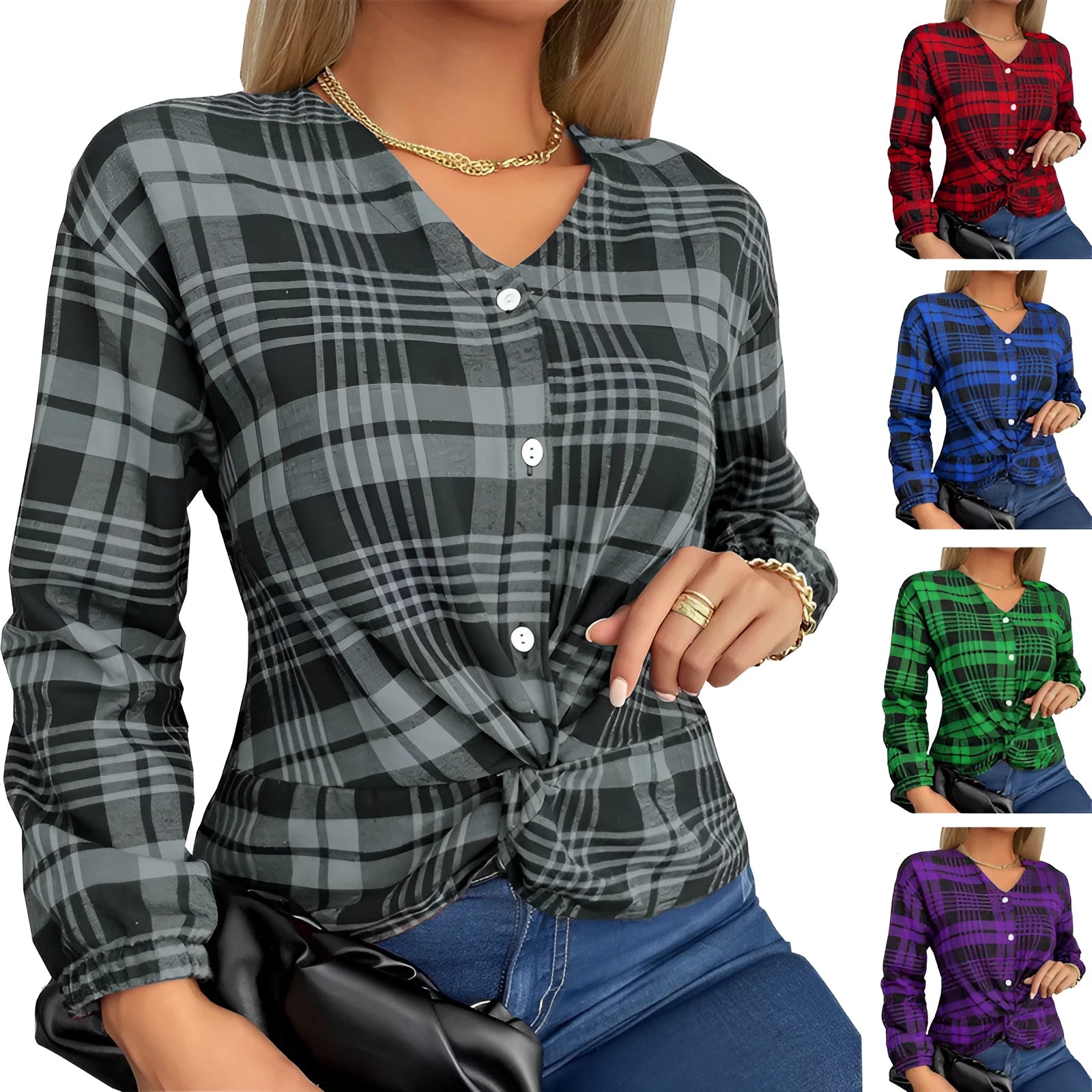 Women's loose plaid casual shirt in polyester available sizes S-3XL colours grey purple red
