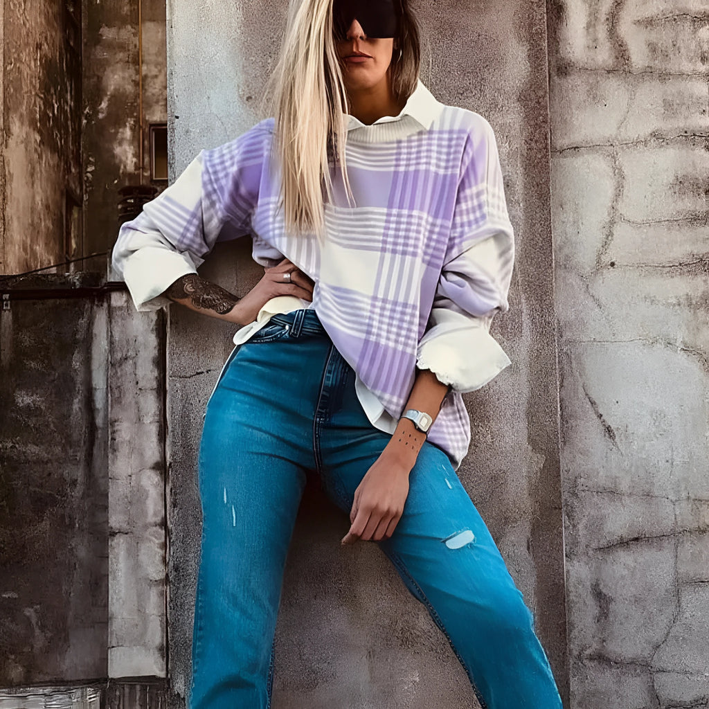 Lilac plaid print women's sweater with ribbed collar and cuffs in loose fit design