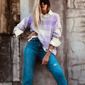 Lilac plaid print women's sweater with ribbed collar and cuffs in loose fit design