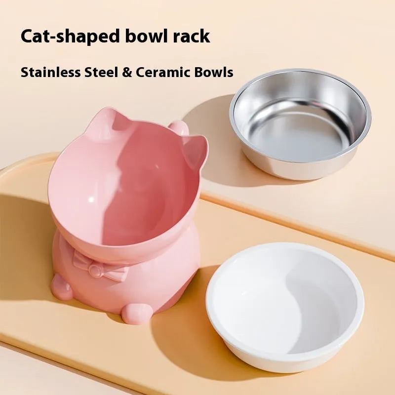 A slanted stainless steel cat bowl in yellow, shown from a side angle on a plain surface.