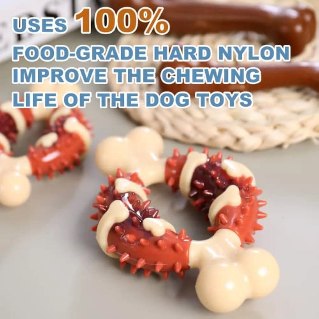 Bone-shaped natural rubber dog dental chew toy for teeth cleaning and anxiety relief