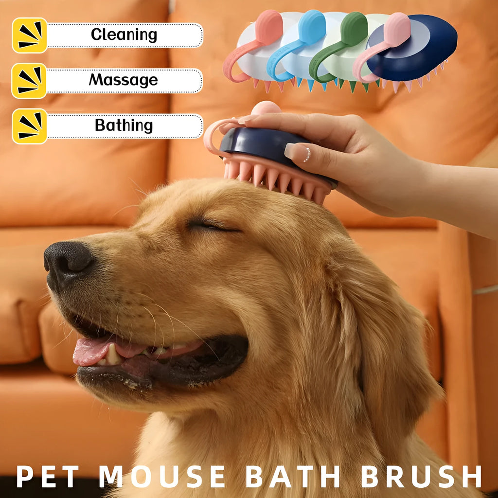 Handheld pet grooming comb with silicone bristles for bath massage and hair removal in dark blue colour