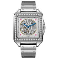 Square automatic watch for men with diamond detailing on a black leather strap.