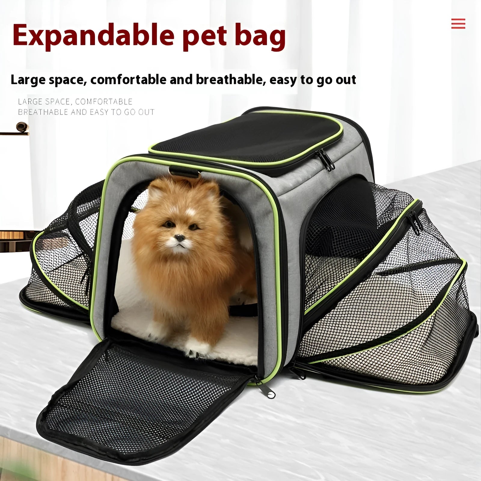 600D cationic cat carrier bag in black with red piping, showing shoulder strap and medium-soft construction