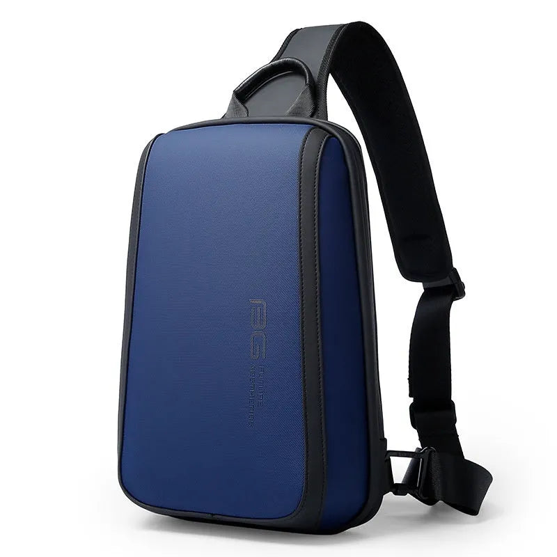 Blue Oxford cloth chest bag for men with shoulder straps, shown closed.