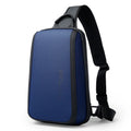 Blue Oxford cloth chest bag for men with shoulder straps, shown closed.