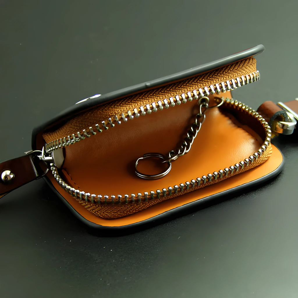 Genuine leather car key case with frosted finish in black or brown