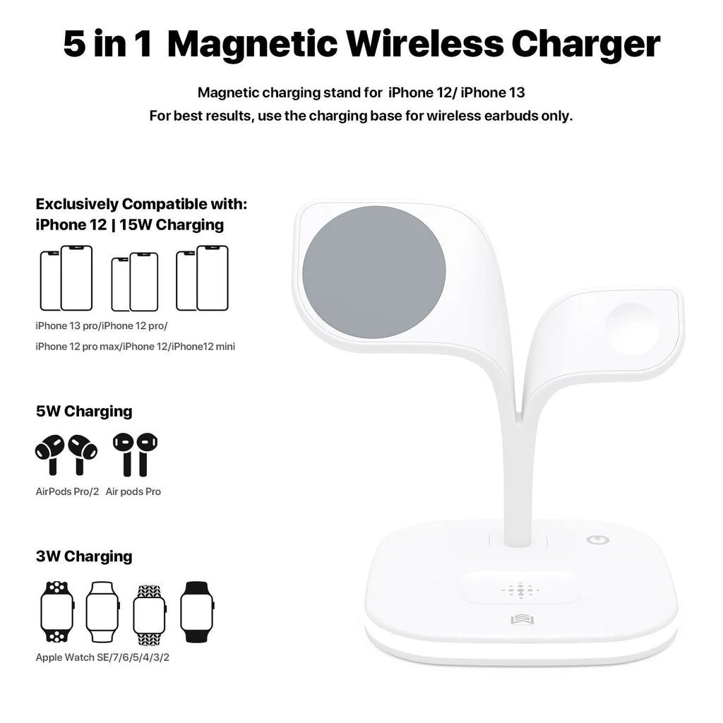 Black 3-in-1 wireless charging stand holding a mobile phone, a smartwatch, and headphones on a desk.