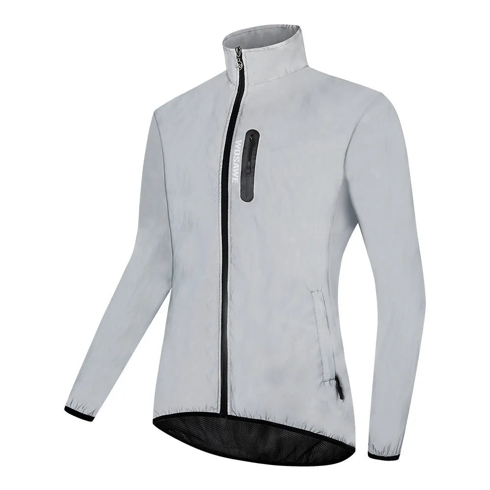 Silver waterproof polyester long sleeve windproof jacket showing size options
