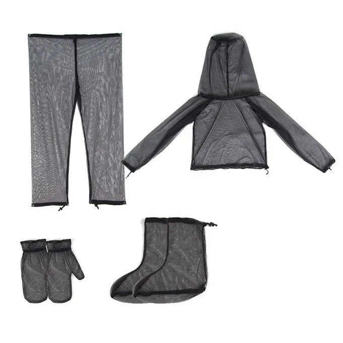 Grey mesh anti mosquito suit set showing hooded top, trousers, and booties for outdoor wear.