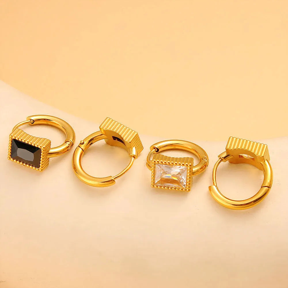 Geometric stainless steel earrings with square zircon stones in white, black, or green colour options