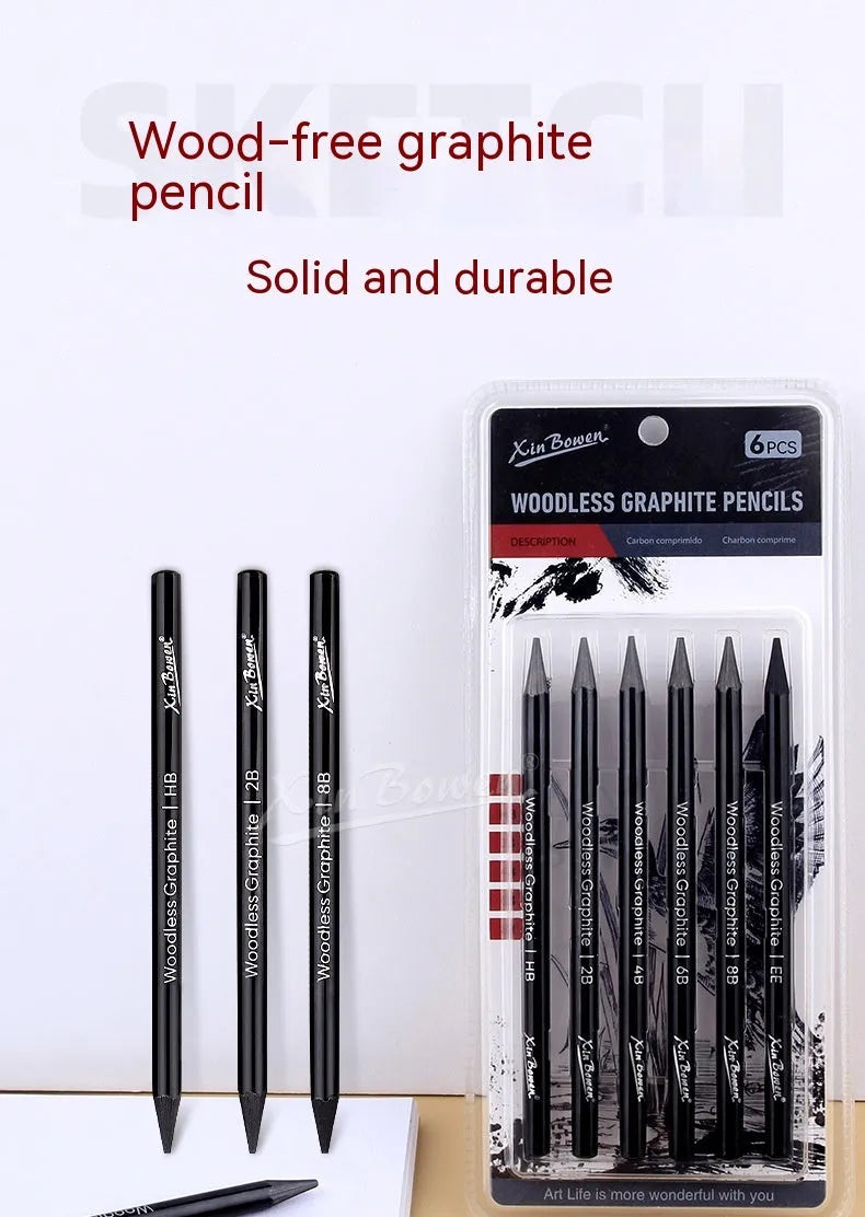 Set of six graphite sketching pencils with HB, 2B, 4B, 6B, 8B, and EE grades for art drawing