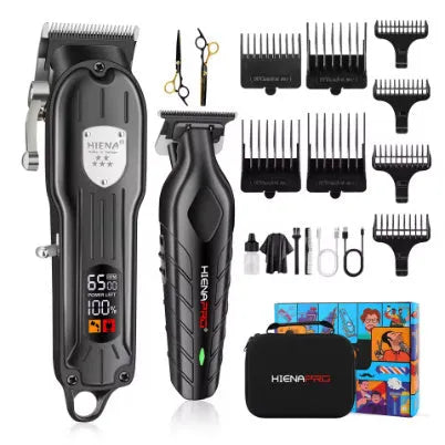 Black professional hair clipper set with foil shaver attachment and LED display.