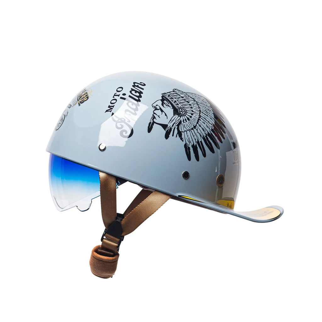Men's bright black retro half helmet for electric bicycles with a blue gradient lens visor.