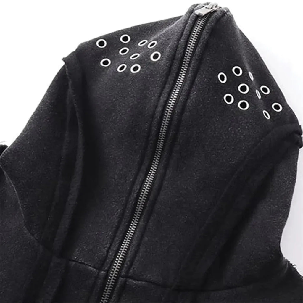 Black men's cotton hooded cardigan coat with abstract pattern and zip front.