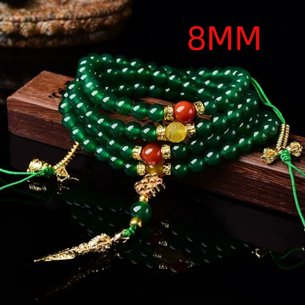 Natural green agate multi-circle bracelet for men and women on a wrist, showing bead detail.