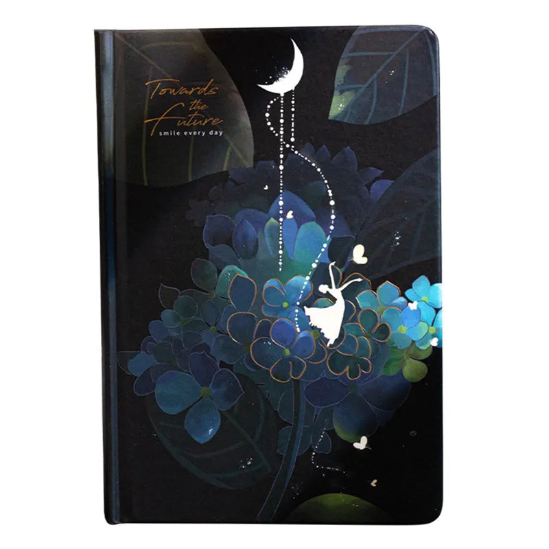 A5 notebook with luminous cover and colour-illustrated pages in four colour options