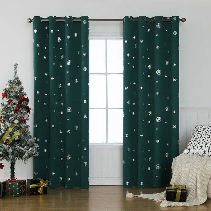 Red polyester snowflake pattern shade cloth curtain with lace loops hanging in modern interior setting