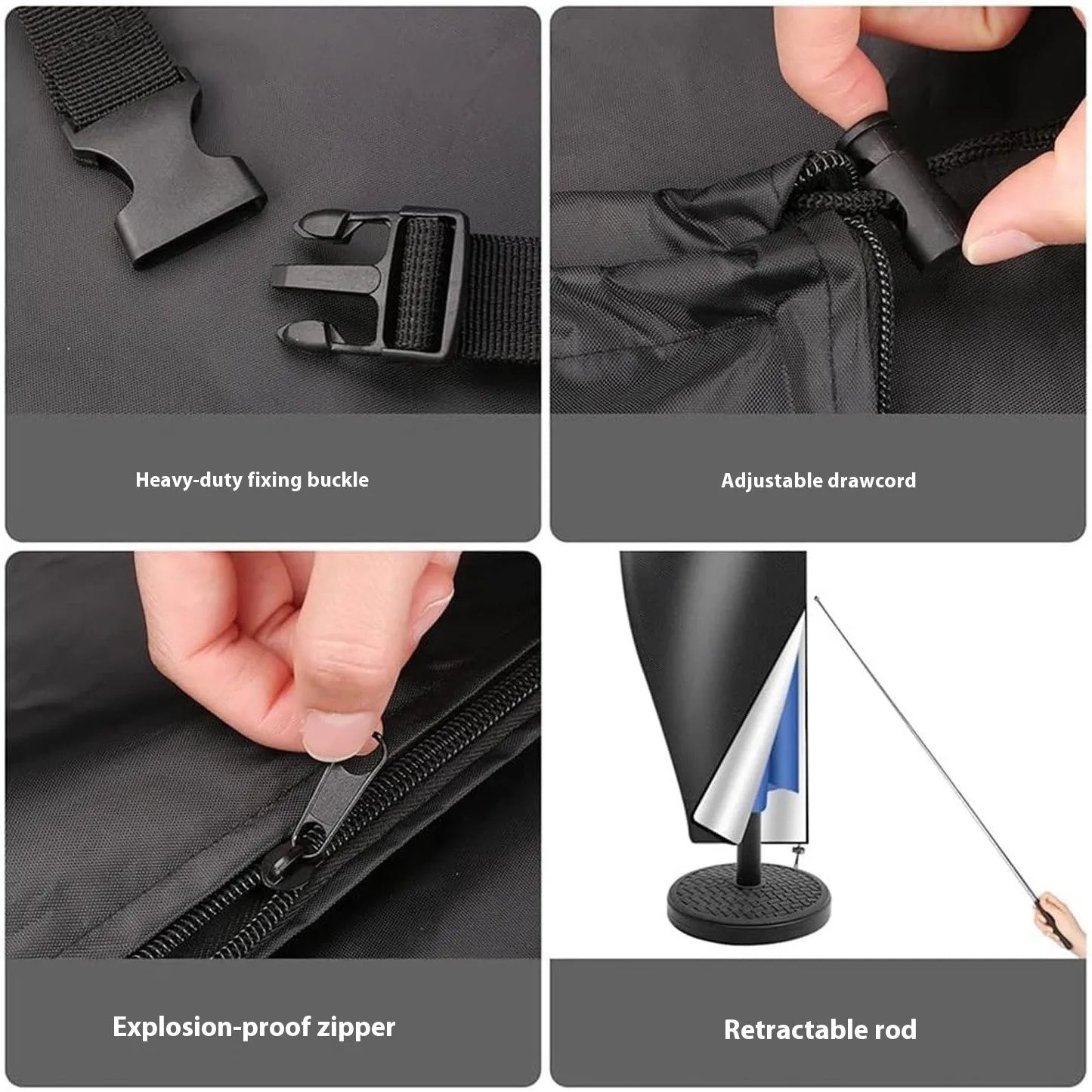 A grey waterproof oxford cloth cover for a large offset garden umbrella.