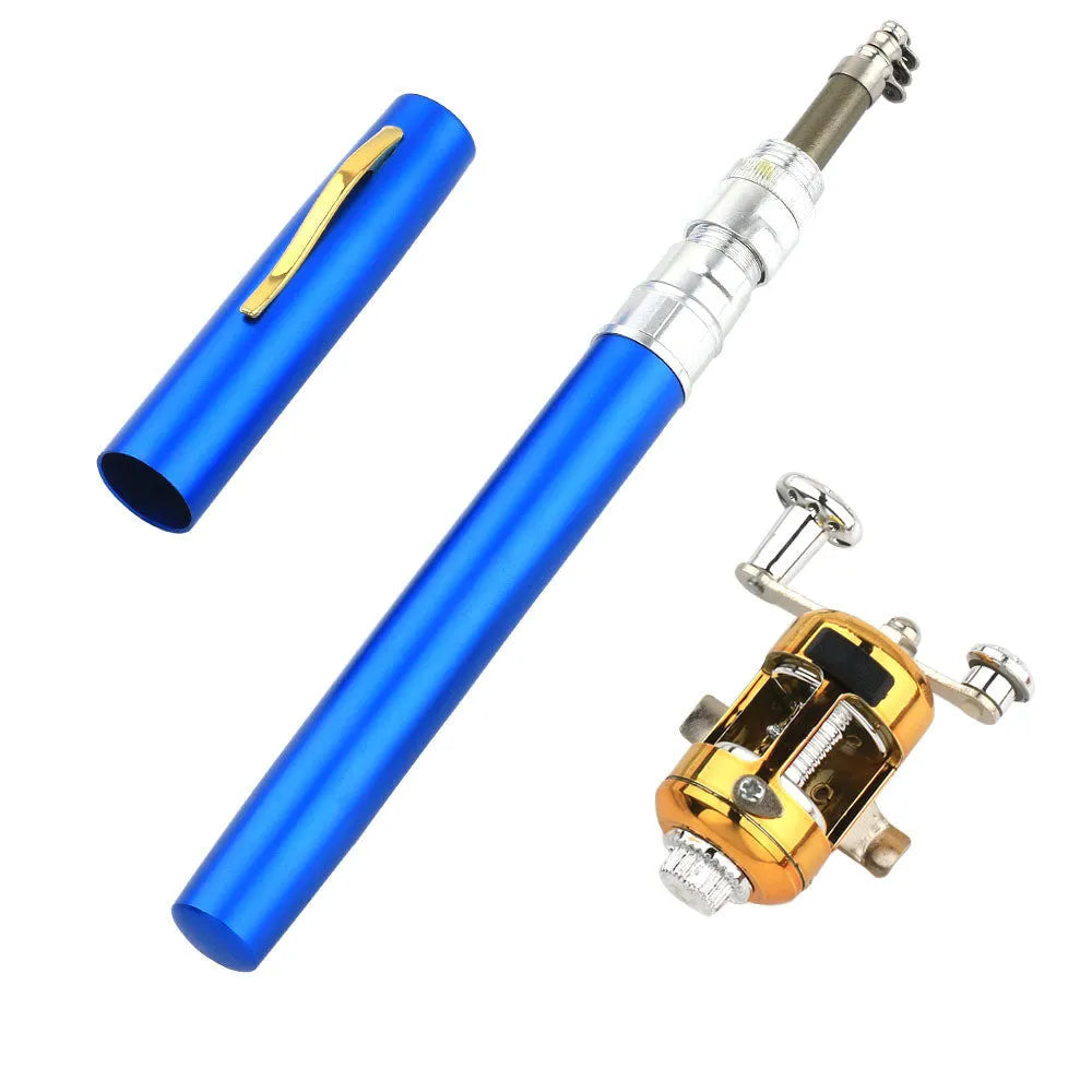 Collapsed and extended view of a pocket telescopic fishing rod with aluminium case and plastic reel.
