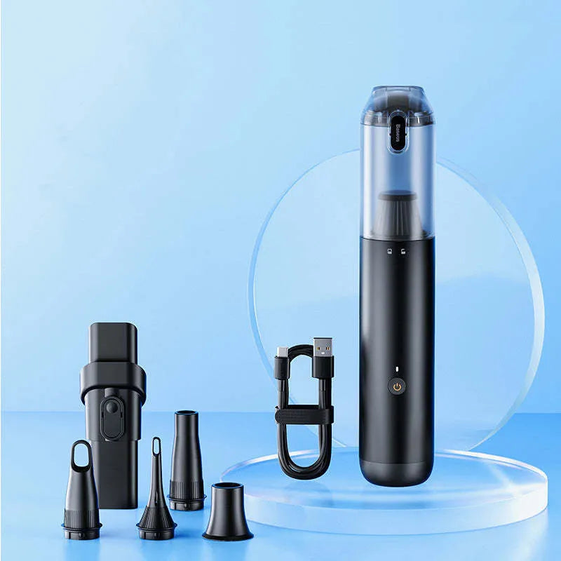 BASEUS A3 wireless car vacuum cleaner in black showing compact handheld design with charging port