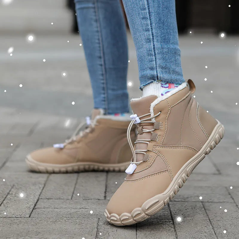 Waterproof insulated snow boots with lace-up front, round toe, and non-slip rubber soles