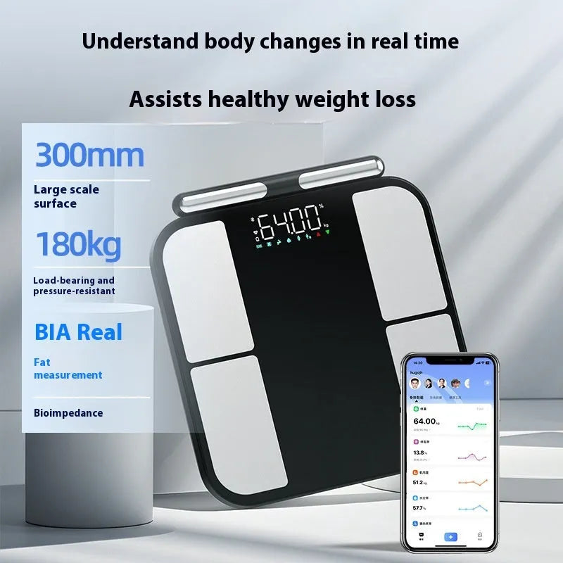 Black electronic body fat scale with tempered glass platform and colour screen display