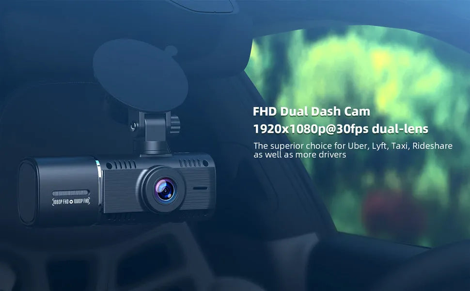 Standard black car dash cam with 1.5-inch screen, mounted on a stand, showing front camera lens