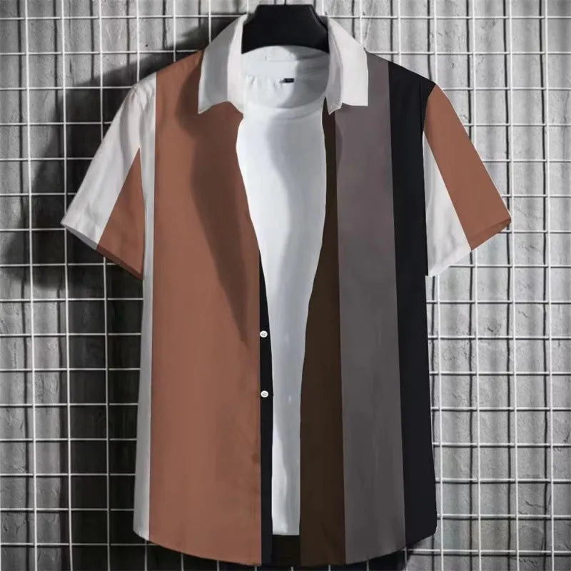 Man wearing a striped linen short-sleeve T-shirt with a 3D printed pattern.