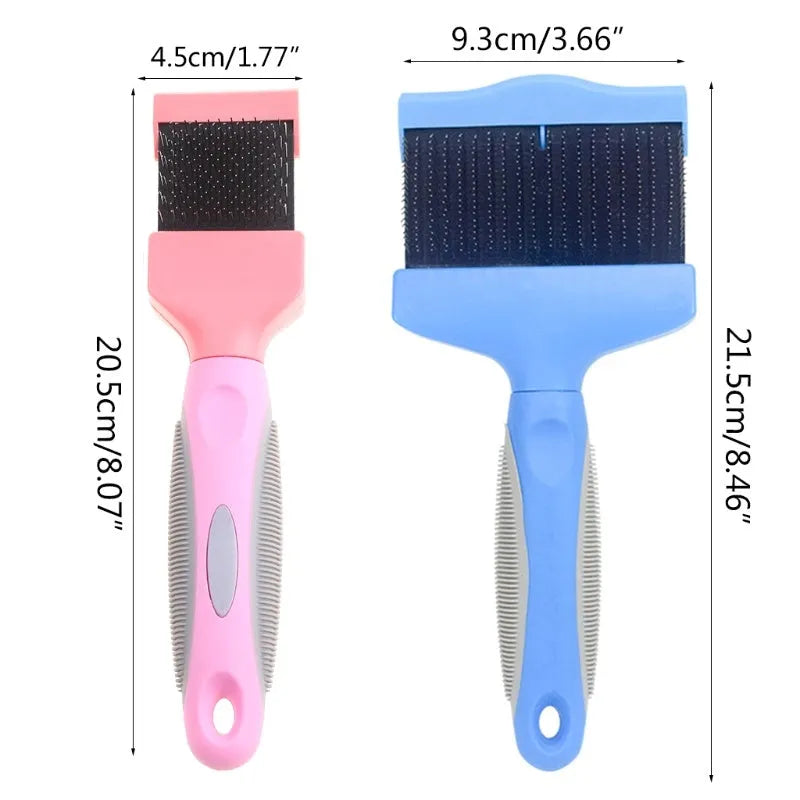 Double-sided pet brush with stainless steel pins on one side and softer pins on the other, in blue colour