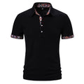 Men's short sleeve polo shirt in navy blue with colour stitching on the turnover neck.