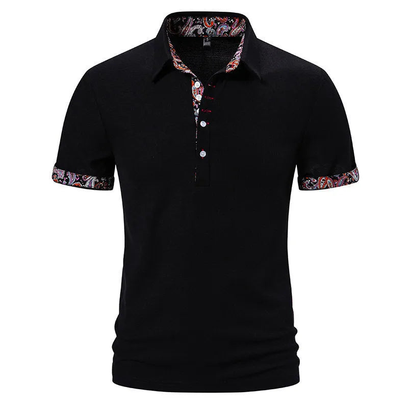 Men's short sleeve polo shirt in navy blue with colour stitching on the turnover neck.