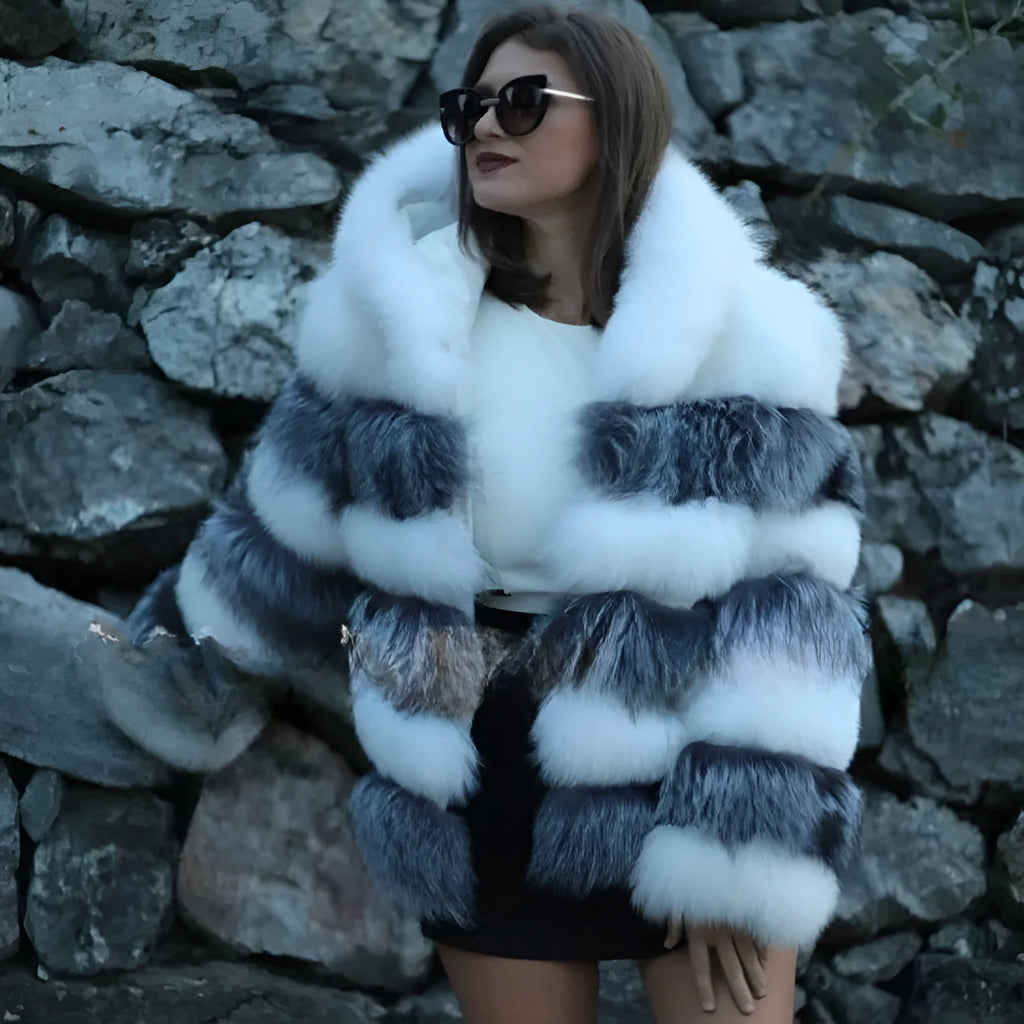 Women's artificial fur hooded coat in street fashion style with medium length