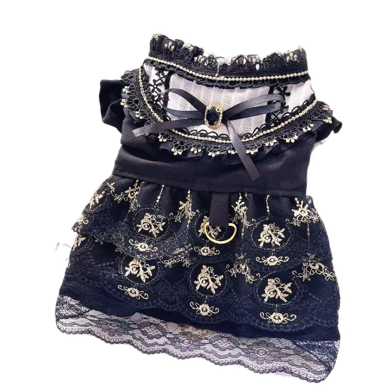 Golden Gothic princess style skirt costume for a small dog or cat on a mannequin.