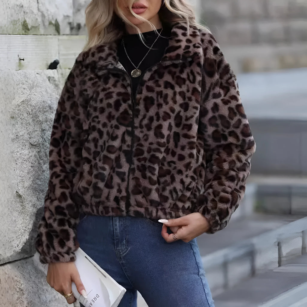 Women's leopard print loose fit plush coat with front zipper and raglan sleeves