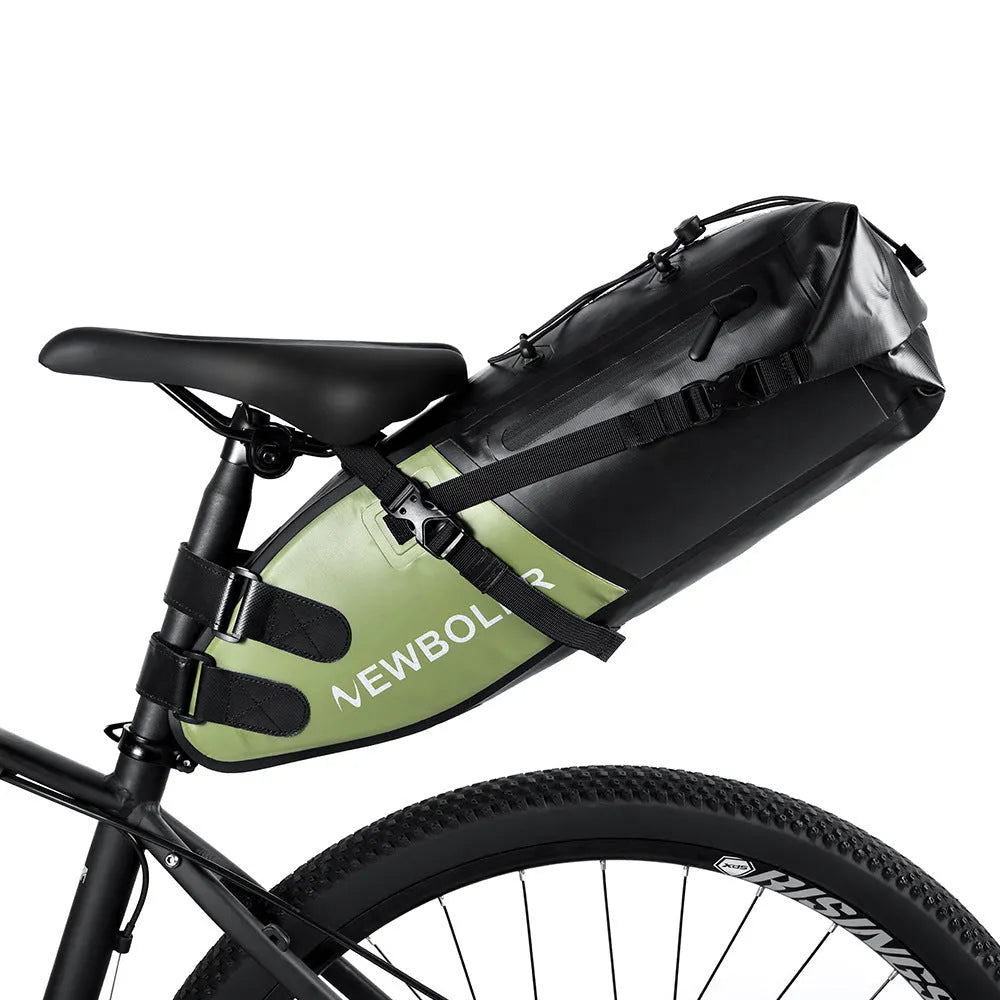Waterproof PVC bicycle tail bag in yellow colour showing 13-litre storage capacity dimensions