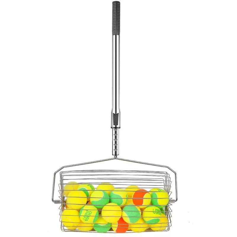 Stainless steel roller tennis ball picker with adjustable telescopic handle.