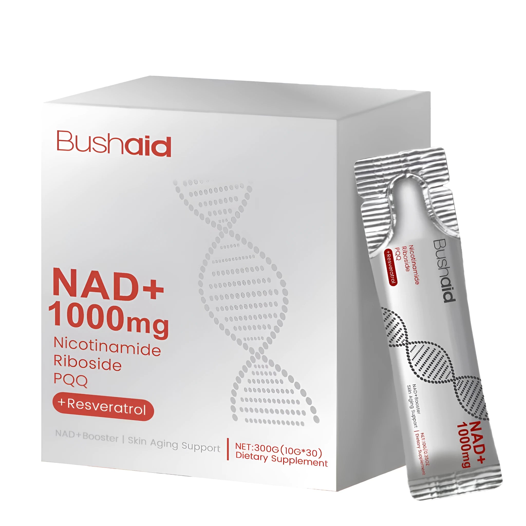 Container of anti ageing drink supplement powder with listed ingredients: nicotinamide riboside, resveratrol, PQQ.