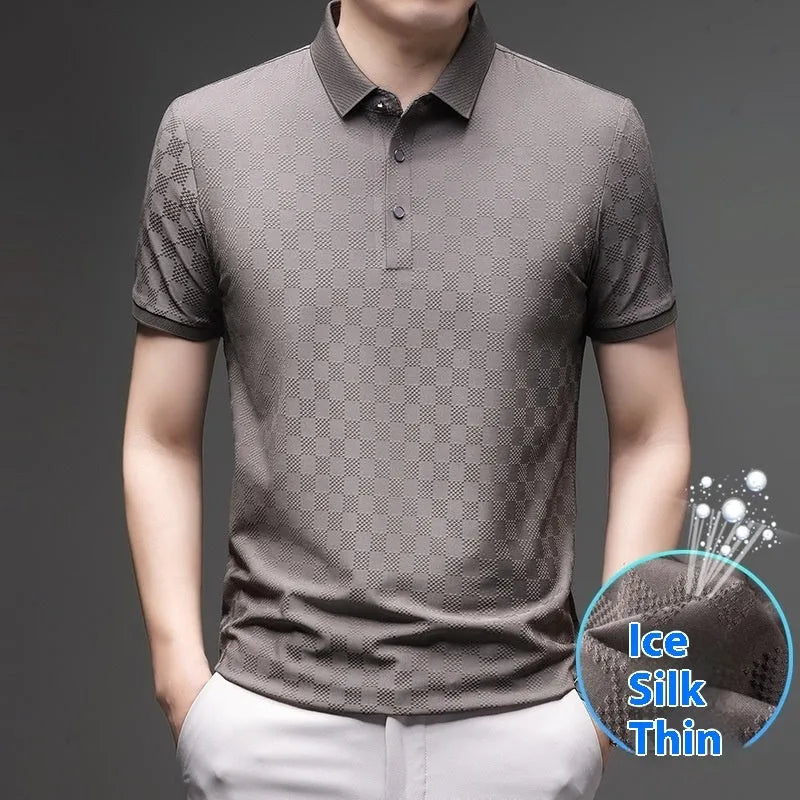Rhombus Thin Ice Silk short sleeve T-shirt in black, showing slit design detail on a hanger.